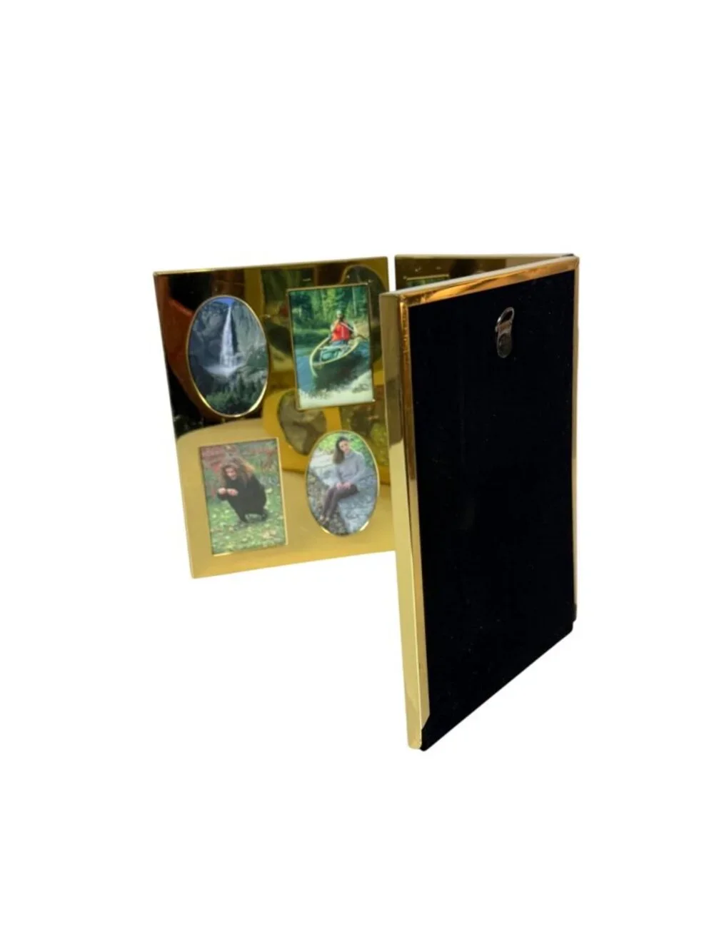 Vintage Tri Fold Picture Frame Gold Tone 80s Oval Folding Multi Photo Display